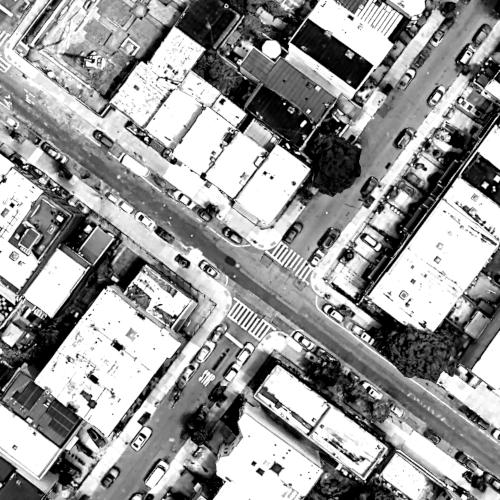Black and white satellite image of the neighborhood surrounding 519 Evergreen Avenue in Brokklyn, Bushwick
