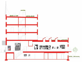 cross-section of ABC No Rio's new building showing four floors and the basement.